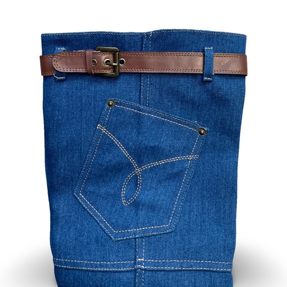 Blue Denim Knee-High Boots with Brown Accents - Picture 3 of 6